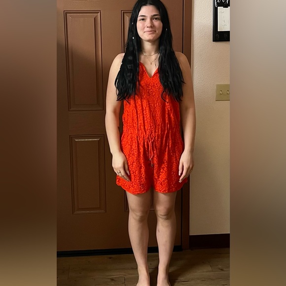 Romper, lace, red, orange, shorts - Picture 1 of 3